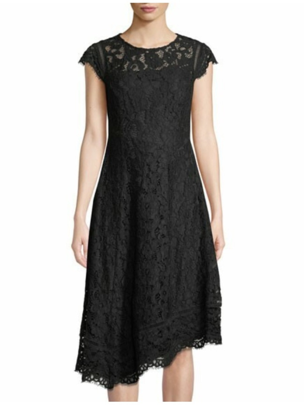 Donna Karan Black Lace Cap Sleeve Assymmetric Midi Dress - Elegant Women's Dress